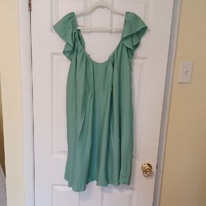 Eloquii Sz 16, Flutter Sleeve, Dark Mint Green Textured Dress. Elastisized Neck